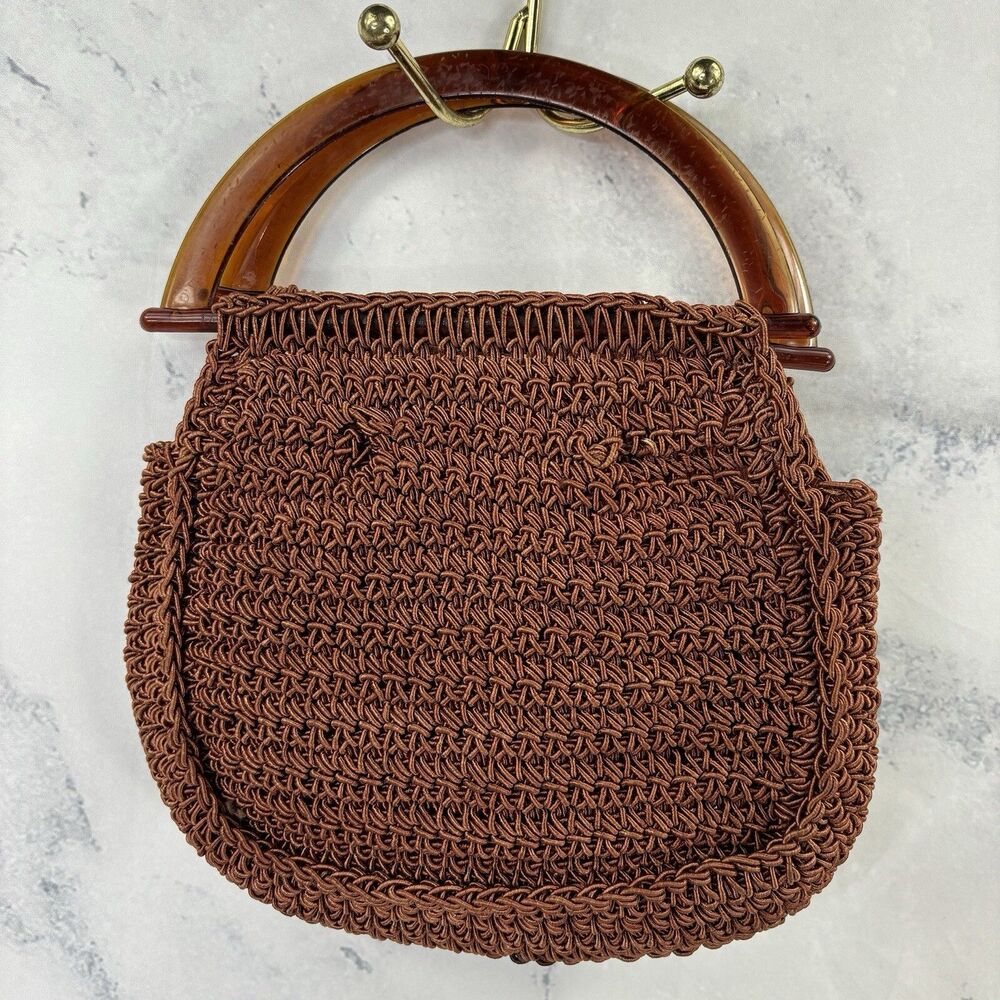 Vintage 60s Macrame Handbag Purse Lucite Handles Made In Italy Retro Hippy chic - Picture 14 of 16